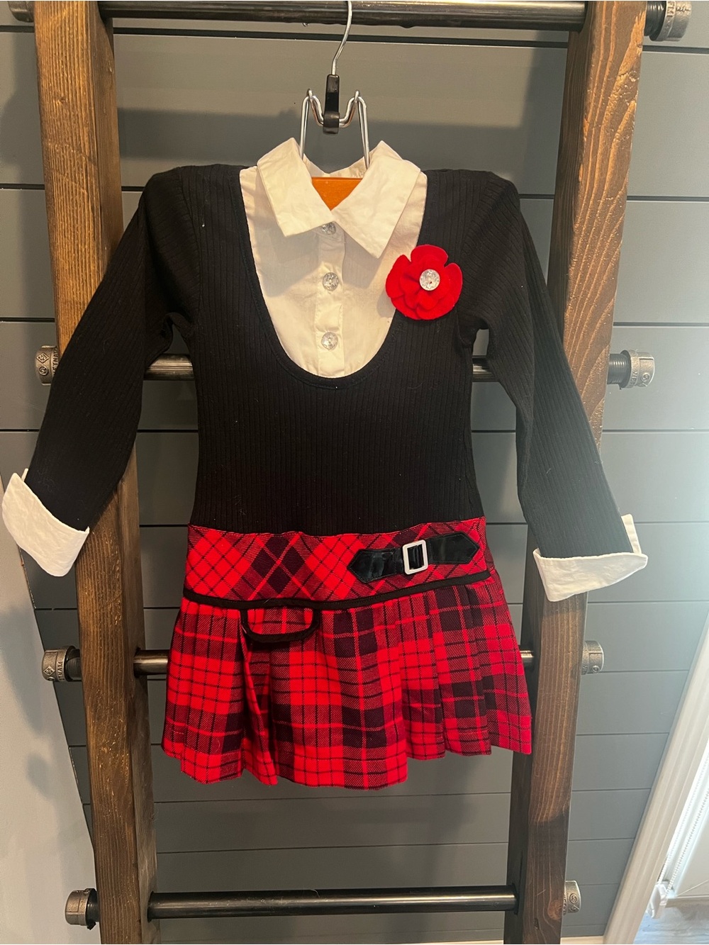 Blueberi Boulevard Black & Red Plaid Schoolgirl Dress with White Collar